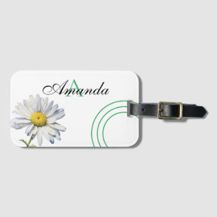 Watercolor White and Green Daisy Flower Monogramed Luggage Tag