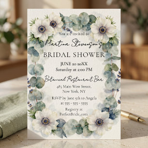 Watercolor White Anemone Eucalyptus Bridal Shower Invitation