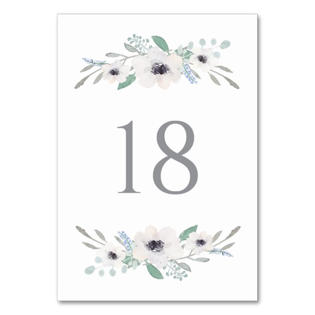 Watercolor White Anemones Garland Table Numbers (Front)