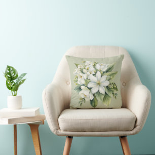 Watercolor White Apple Blossom Bouquet Cushion