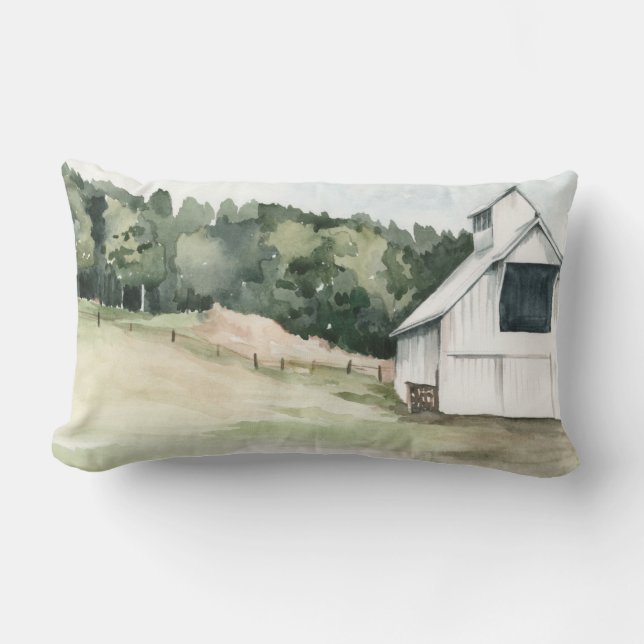 Watercolor White Barn Lumbar Cushion (Front)