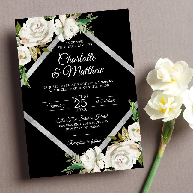 Watercolor White Black Floral Wedding Invitation (Creator Uploaded)