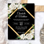 Watercolor White Black Gold Floral Wedding Invitation<br><div class="desc">Personalise these vintage chic, with antique white style wedding invitations. Black and white colours. Hand painted watercolor white roses (flowers) with faux gold foil frame. Back of card has bride and groom monograms / initials. Editable cards - add your info (text can be changed to any font, size, and colour)....</div>