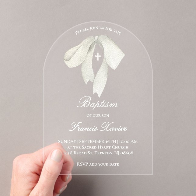 watercolor white bow Baptism Acrylic Invitations (Insitu (Handheld))
