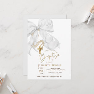Watercolor White Bow Pearls Cross Baptism Invitation