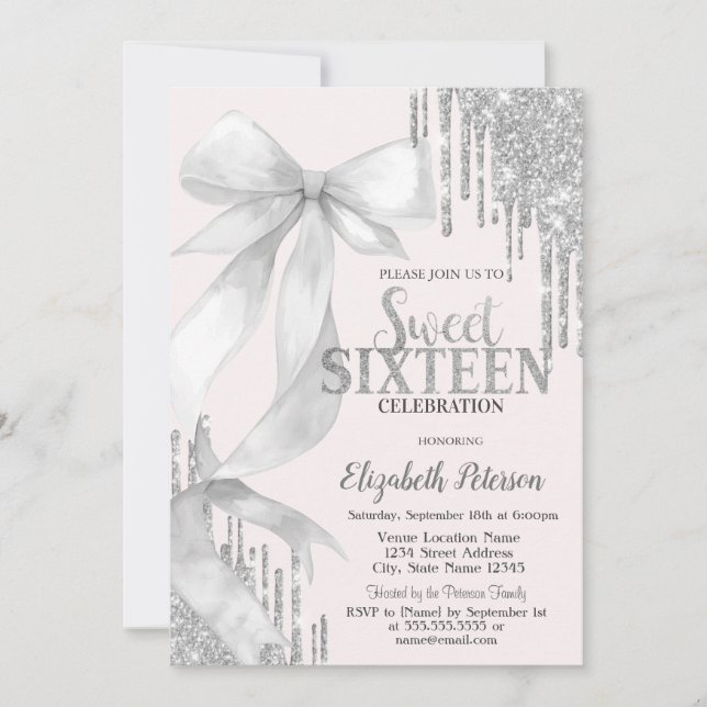 Watercolor White Bow Silver Glitter Drips Sweet 16 Invitation (Front)