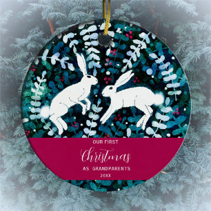 Watercolor White Bunnies Christmas Ornament