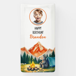 Watercolor White Camping Bear Kids Photo Birthday Banner