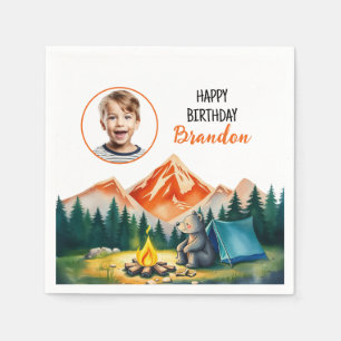 Watercolor White Camping Bear Kids Photo Birthday Napkin