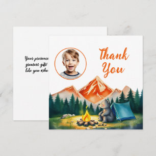 Watercolor White Camping Bear Kids Photo Birthday Thank You Card
