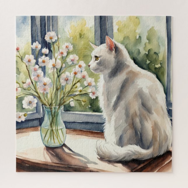 Watercolor White Cat and Daisies Jigsaw Puzzle (Vertical)