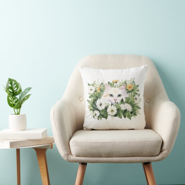 Watercolor White Cat In Daisies Cushion (Chair)