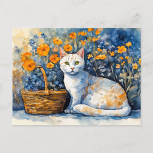 Watercolor White Cat in Flower Basket Postcard