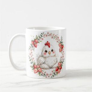 Watercolor White Chicken & Strawberries Farmhouse Coffee Mug