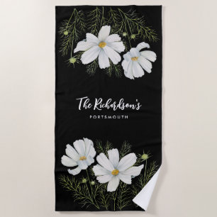 Watercolor White Cosmos Flowers Botanical Painting Beach Towel