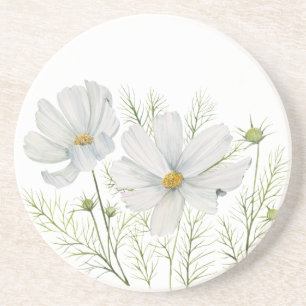 Watercolor White Cosmos Flowers Botanical Painting Coaster