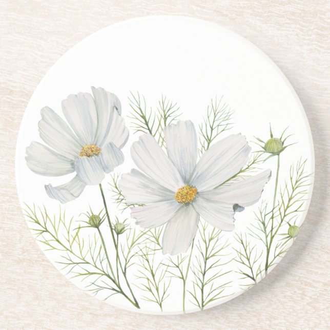 Watercolor White Cosmos Flowers Botanical Painting Coaster (Front)