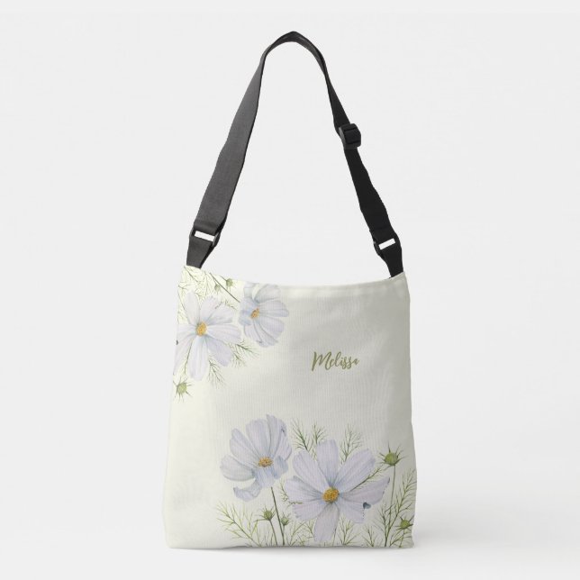 Watercolor White Cosmos Flowers Botanical Painting Crossbody Bag (Front)