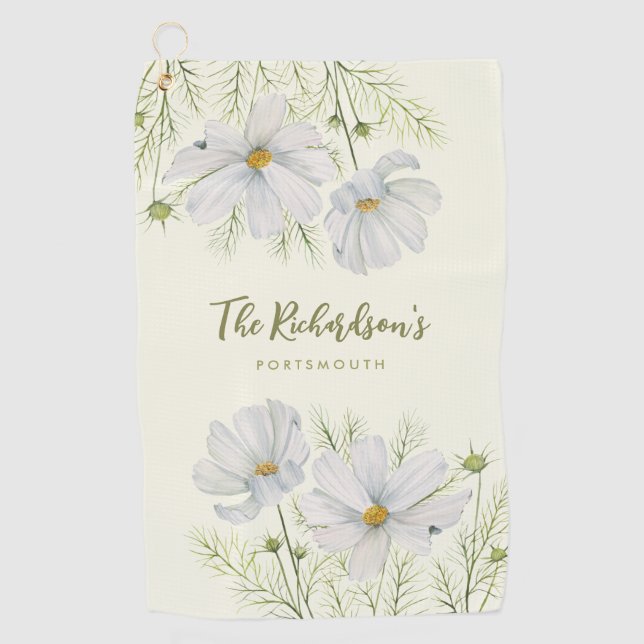 Watercolor White Cosmos Flowers Botanical Painting Golf Towel (Front)