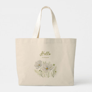 Watercolor White Cosmos Flowers Botanical Painting Large Tote Bag