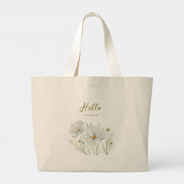 Watercolor White Cosmos Flowers Botanical Painting Large Tote Bag (Back)