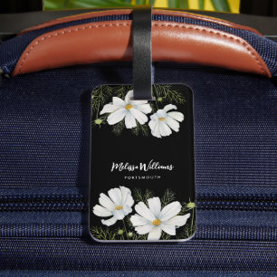 Watercolor White Cosmos Flowers Botanical Painting Luggage Tag