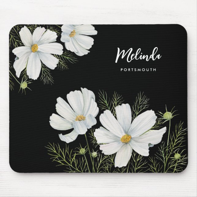 Watercolor White Cosmos Flowers Botanical Painting Mouse Pad (Front)