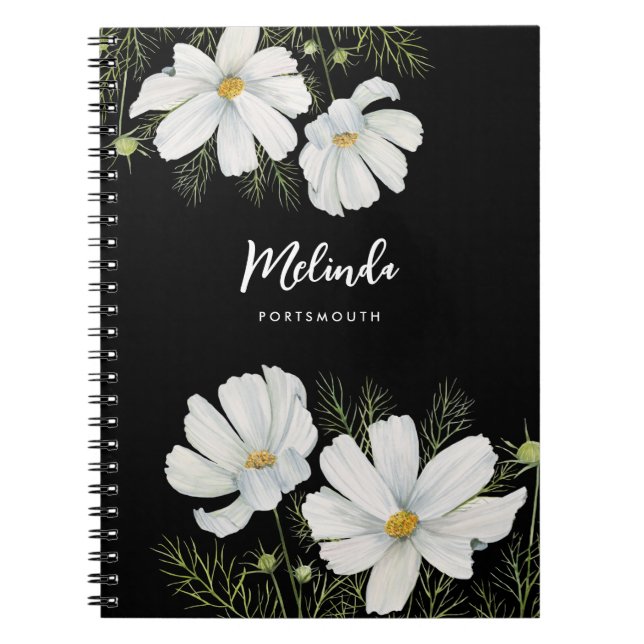 Watercolor White Cosmos Flowers Botanical Painting Notebook (Front)