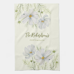 Watercolor White Cosmos Flowers Botanical Painting Tea Towel