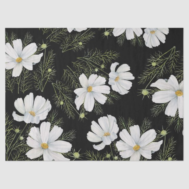 Watercolor White Cosmos Flowers Botanical Painting Tissue Paper (Front)