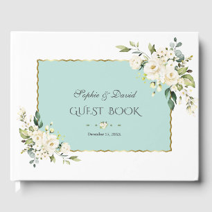 Watercolor White Cream Flowers Green Frame Wedding Guest Book