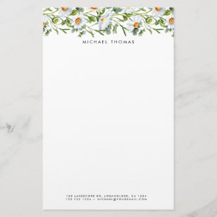 Watercolor White Daisy & Foliage Floral Stationery
