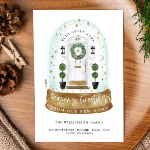 Watercolor White Door Snow Globe New Home Photo Holiday Card