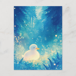 Watercolor White Duckling in Magical Blue Forest Postcard