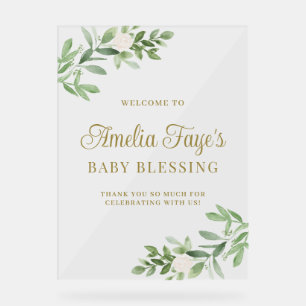 Watercolor White Floral and Greeny Baby Blessing Acrylic Sign