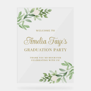 Watercolor White Floral and Greeny Graduation Acrylic Sign