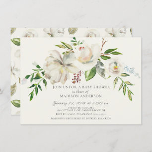 Watercolor White Floral Baby Shower Invitation