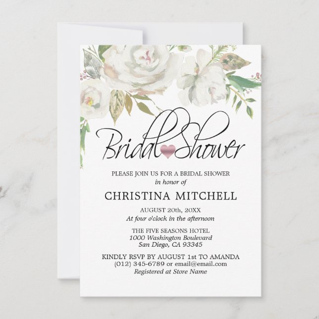 Watercolor White Floral Blush Pink BRIDAL SHOWER Invitation (Front)