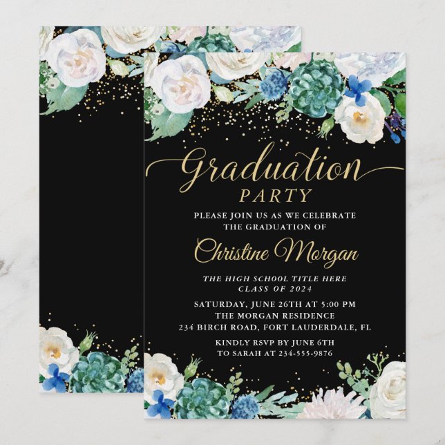 Watercolor White Floral Botanical Graduation Party Invitation (Front/Back)