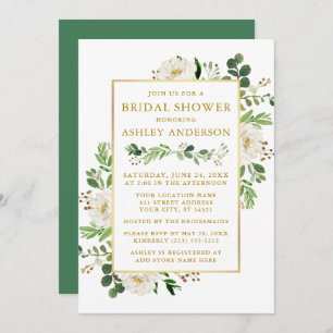 Watercolor White Floral Bridal Shower Gold Invitation