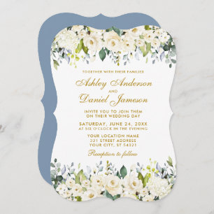 Watercolor White Floral Dusty Blue Elegant Wedding Invitation