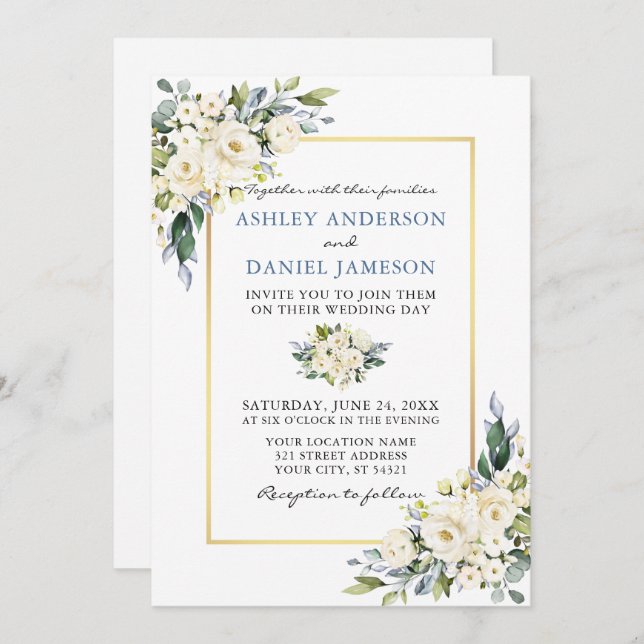 Watercolor White Floral Dusty Blue Photo Wedding Invitation (Front/Back)