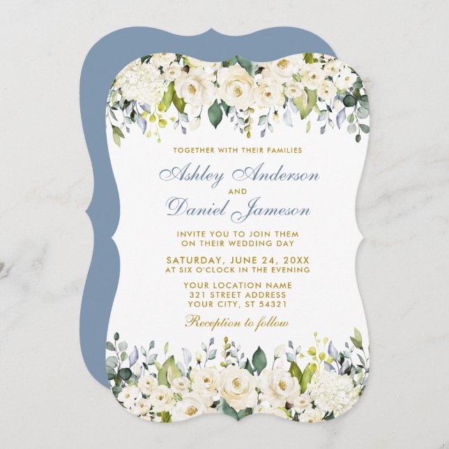 Watercolor White Floral Elegant Dusty Blue Wedding Invitation (Front/Back)