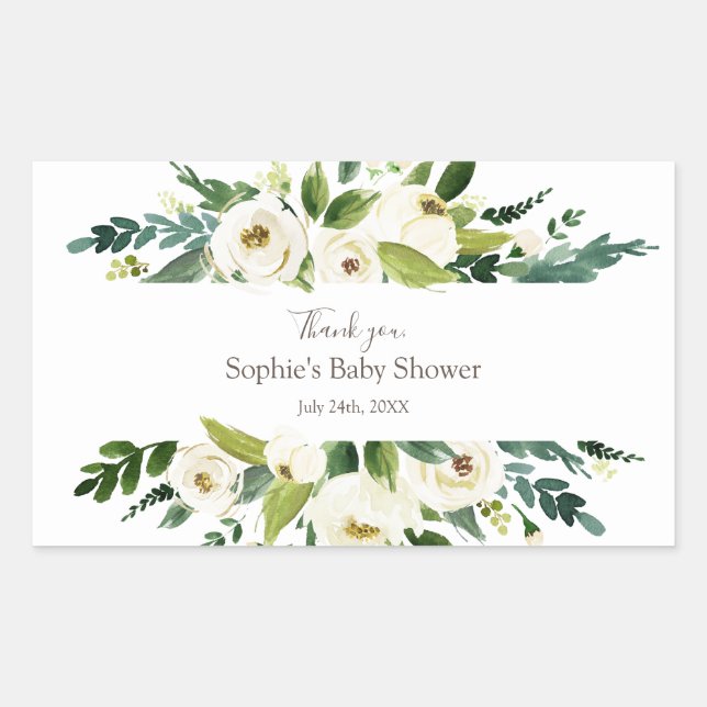 Watercolor White Floral Frame BABY SHOWER Rectangular Sticker (Front)