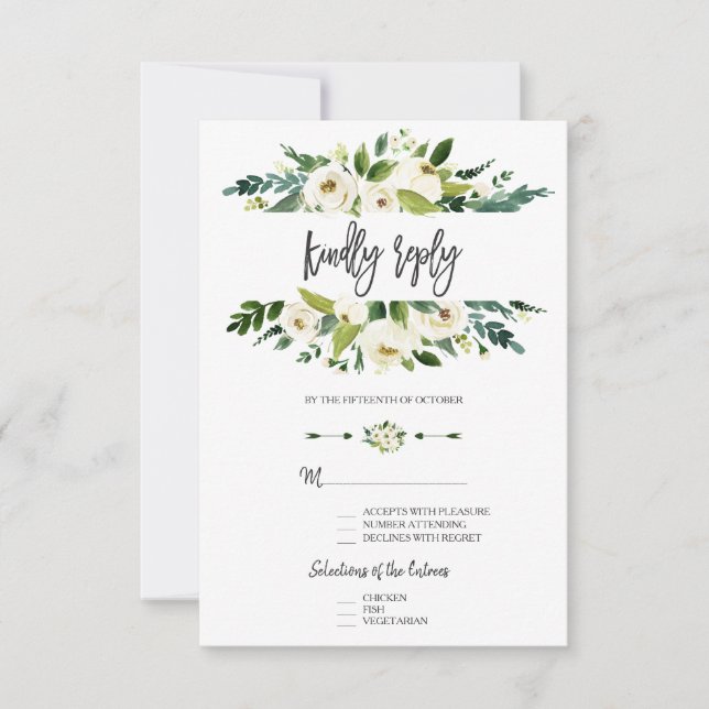 Watercolor White Floral Frame Wedding RSVP Card (Front)