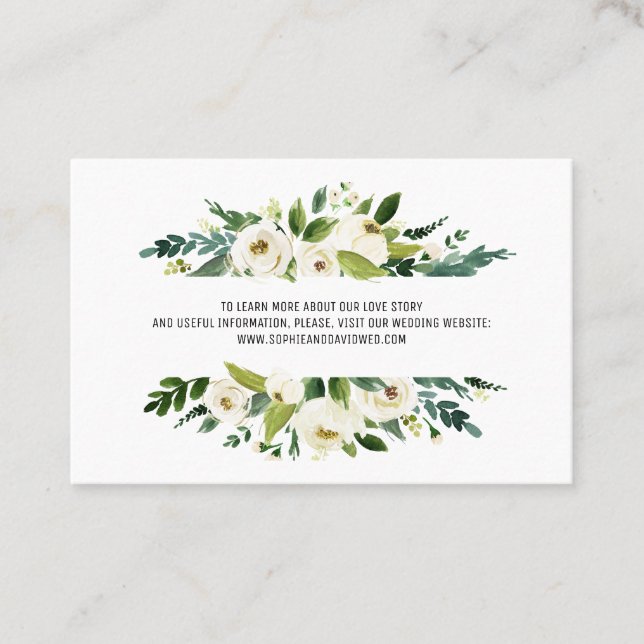 Watercolor White Floral Frame Wedding Website Business Card (Front)