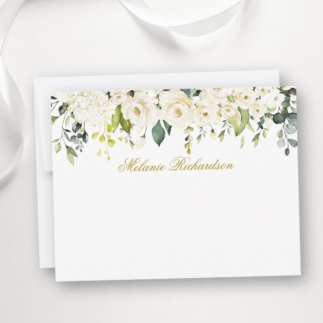Watercolor White Floral Gold Personalised Card (Customize to change text size, color, style or to add more text to front or back of card.)