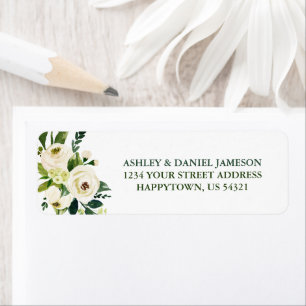 Watercolor White Floral Green Address Return Address Label