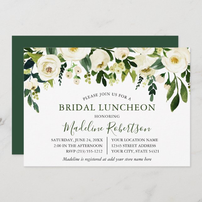 Watercolor White Floral Green Bridal Shower Lunch Invitation (Front/Back)