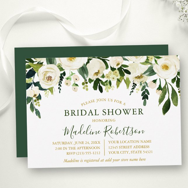 Watercolor White Floral Green Gold Bridal Shower Invitation (Customize to change text color, text style or color of back of card.)